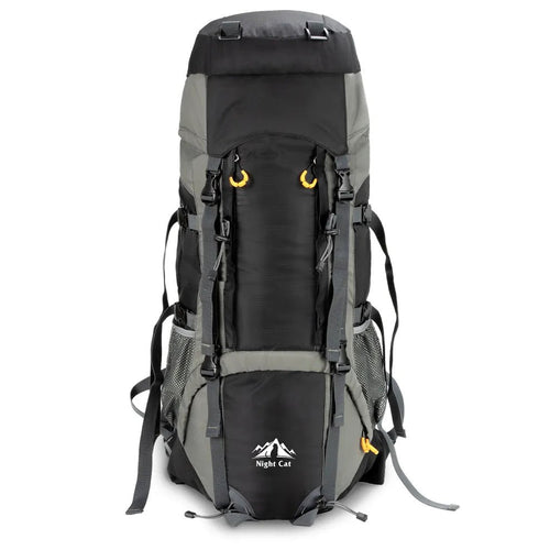 HikeWare 70L Night Cat hiking backpack with built-in internal frame, durable outdoor gear for long trekking adventures.