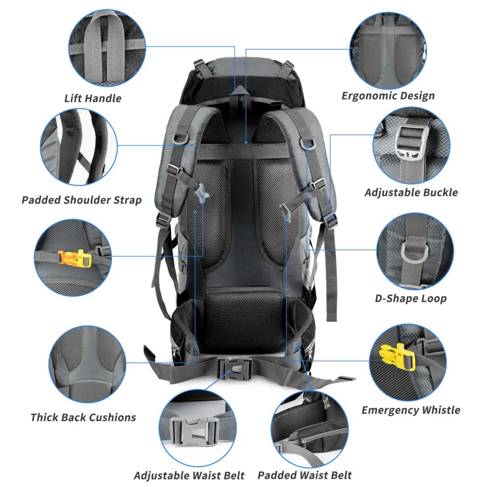 HikeWare 70L Night Cat hiking backpack with ergonomic design, featuring adjustable straps and multiple storage compartments.