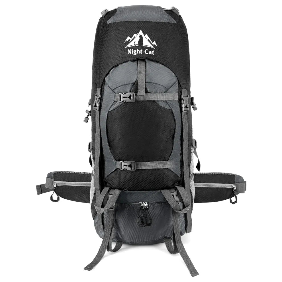 HikeWare 70L Night Cat hiking backpack with front view, durable straps, multiple compartments, and ergonomic design for outdoor adventures.