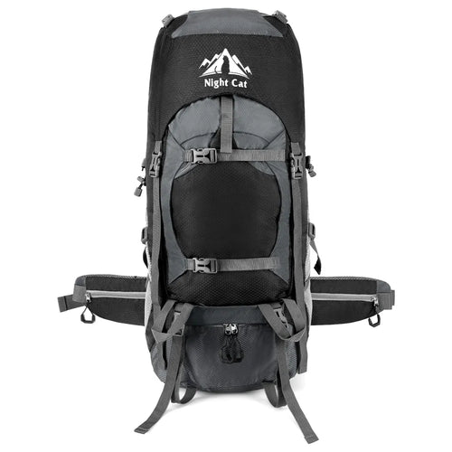 HikeWare 70L Night Cat hiking backpack with front view, durable straps, multiple compartments, and ergonomic design for outdoor adventures.