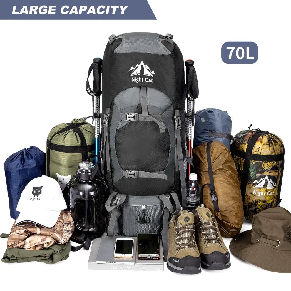 HikeWare 70L Night Cat hiking backpack with large capacity, black color, adjustable straps, and multiple compartments for outdoor adventures.