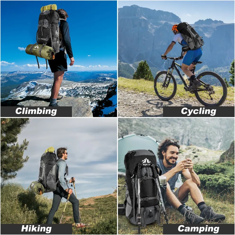 HikeWare 70L Night Cat hiking backpack with multiple compartments, adjustable straps, and durable outdoor gear design.