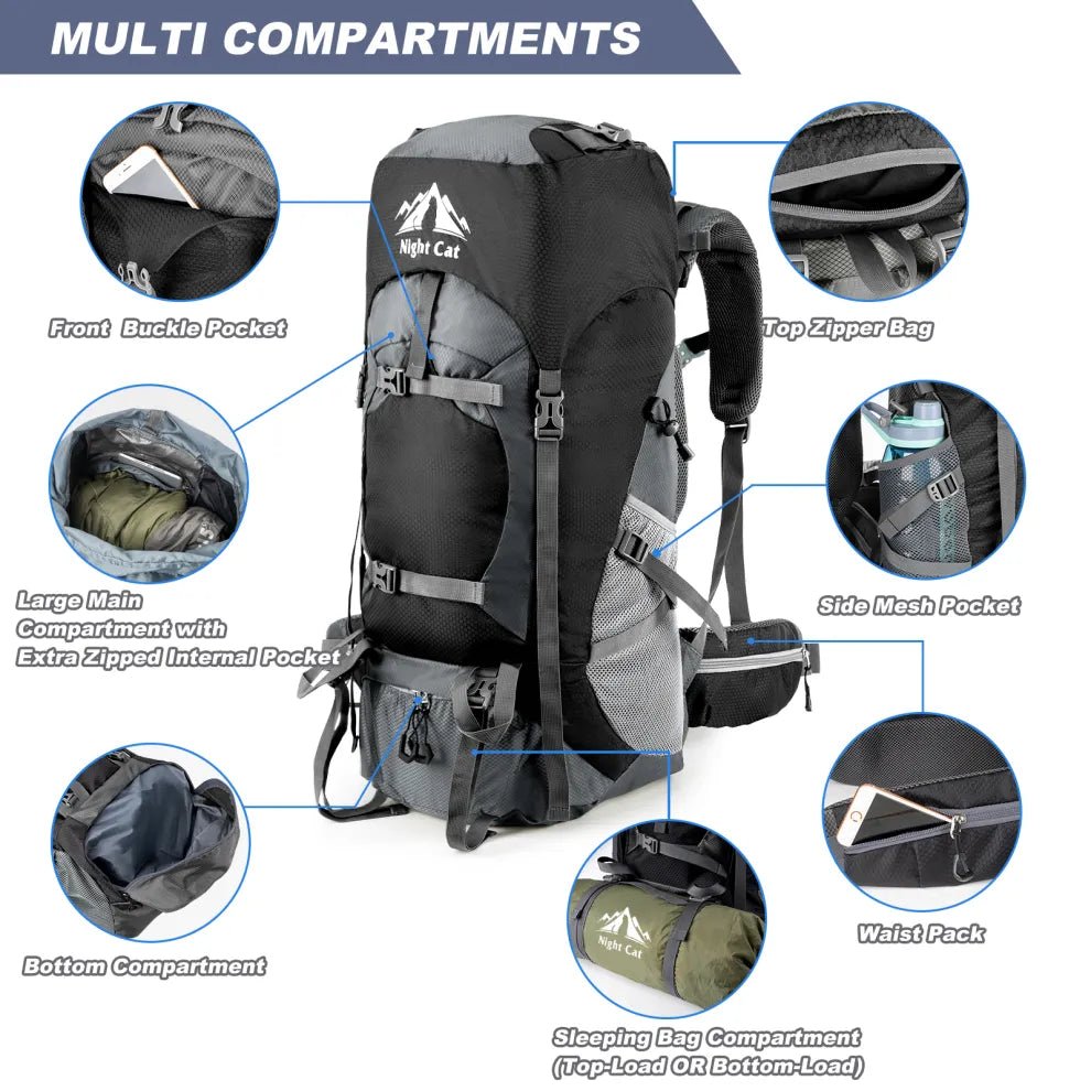 HikeWare 70L Night Cat hiking backpack with multiple compartments, durable straps, and adjustable features for outdoor adventures.