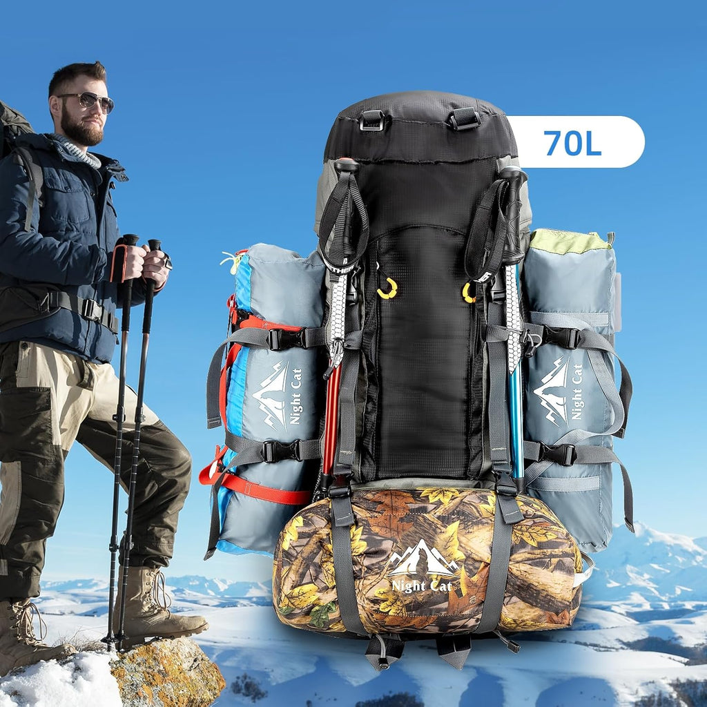 HikeWare 70L Night Cat hiking backpack with internal frame, multi-functional gear storage and adjustable straps for outdoor adventures.