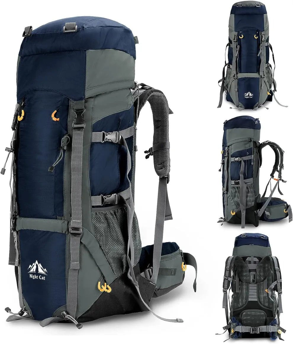 HikeWare 70L Night Cat hiking backpack in navy blue with internal frame, multiple compartments, and adjustable straps.