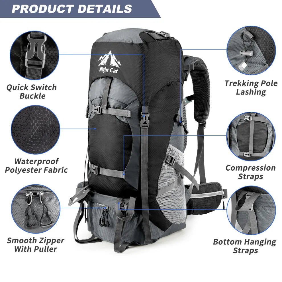 HikeWare 70L Night Cat hiking backpack with multiple compartments and adjustable straps, designed for outdoor adventures.