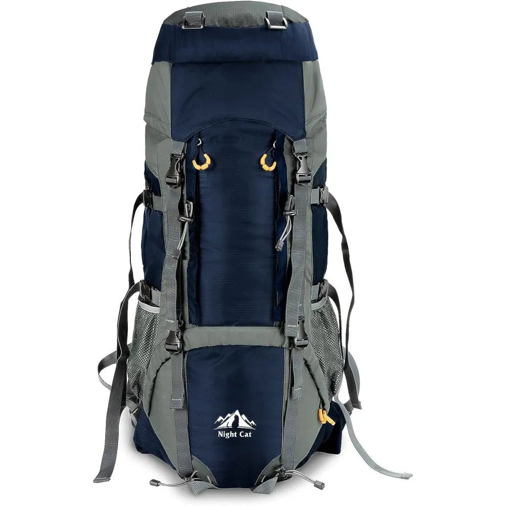 Navy blue 70L HikeWare Night Cat hiking backpack with internal frame and adjustable straps for outdoor adventure.