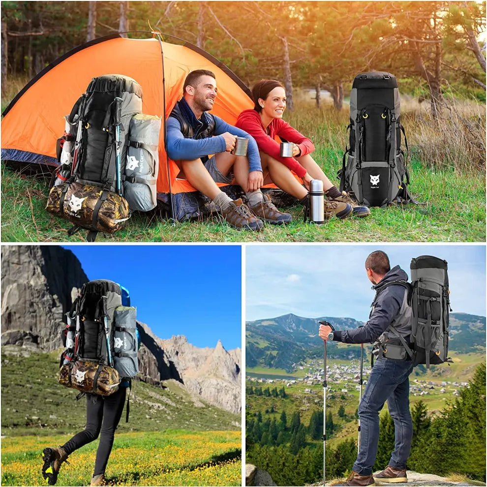 HikeWare 70L Night Cat hiking backpack with internal frame, outdoor camping gear, black and gray design, adjustable straps