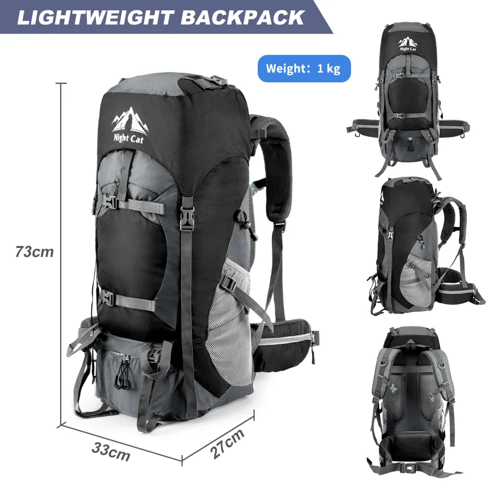 HikeWare 70L Night Cat hiking backpack with lightweight design, multiple compartments, and adjustable straps for outdoor adventures.