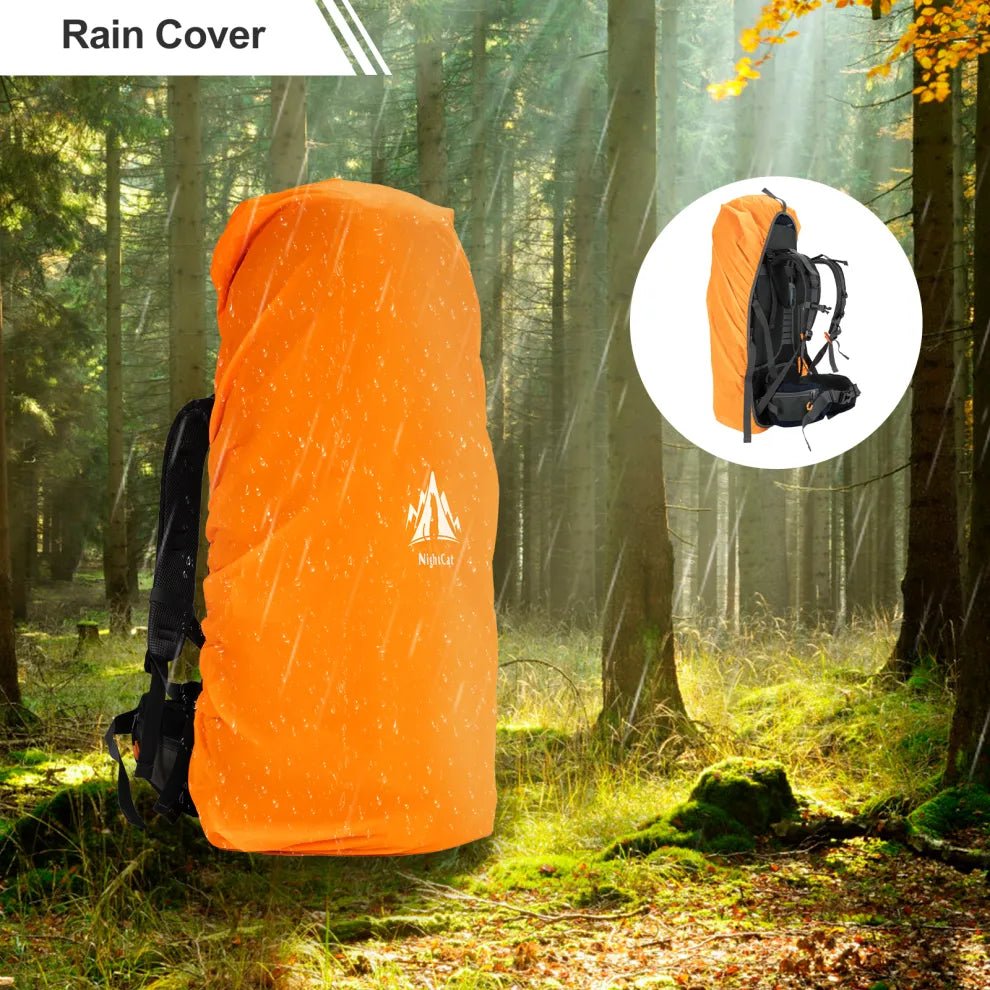 HikeWare 70L Night Cat hiking backpack with internal frame and waterproof rain cover, designed for outdoor adventures.