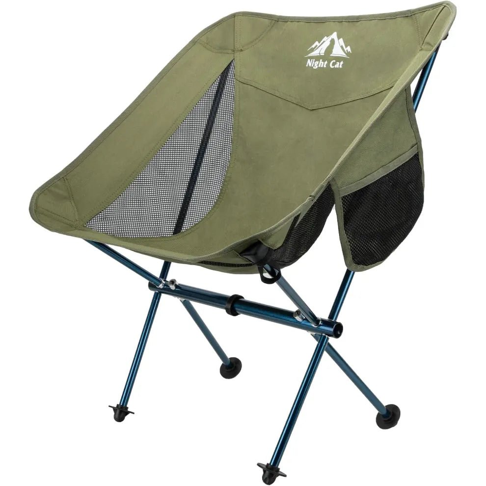 HikeWare Night Cat camping chair in olive color, lightweight and portable for backpacking and outdoor camping adventures.