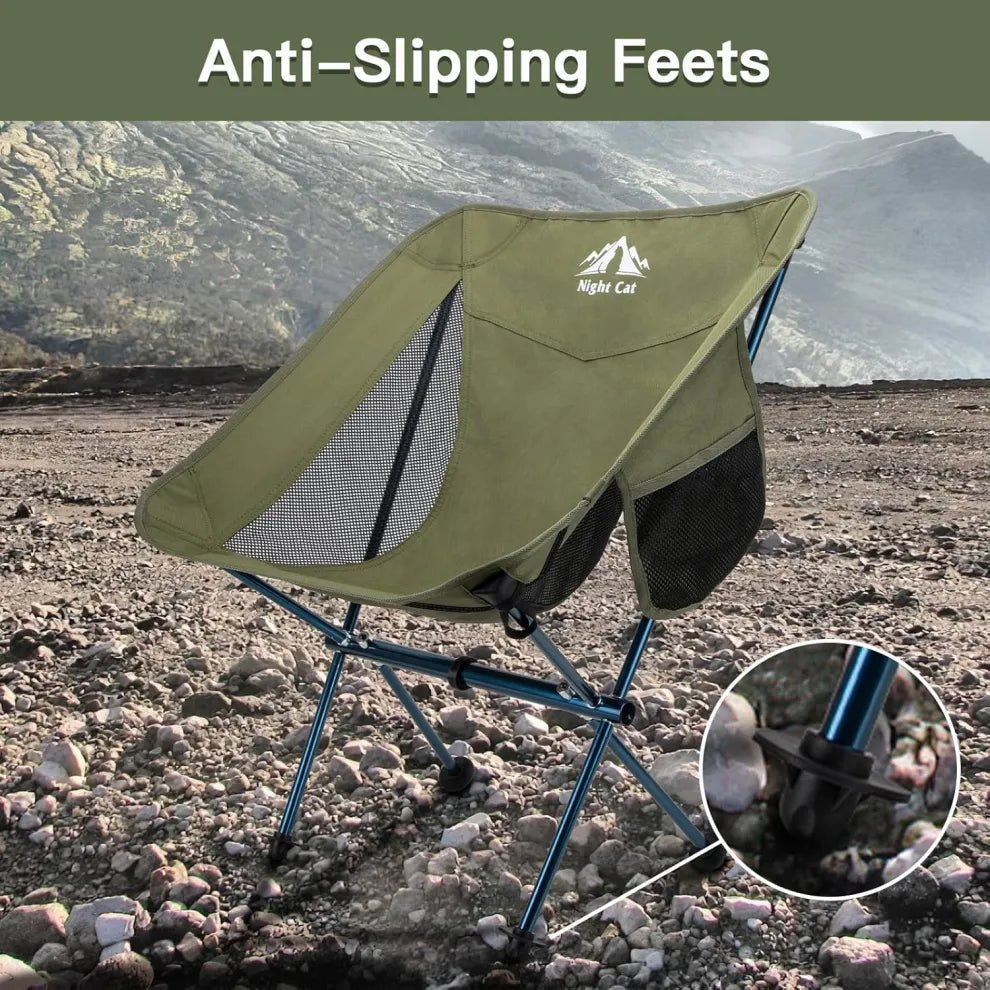 HikeWare Night Cat camping chair with anti-slip feet, lightweight portable design for backpacking and outdoor camping.