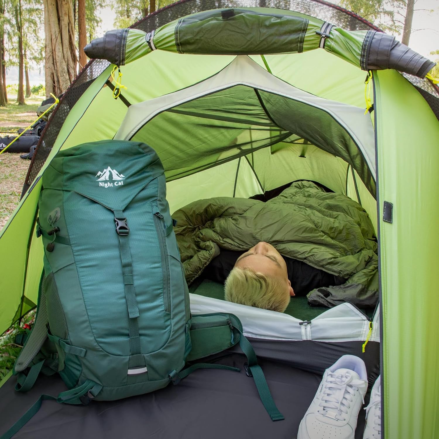 Interior view of HikeWare Night Cat ultralight 1-person tunnel tent with waterproof fabric and compact carrying bag.