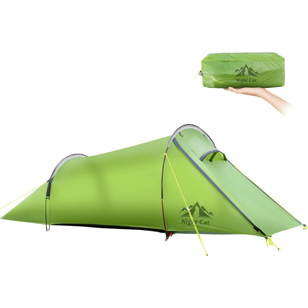 Comparison of Night Cat 1 Person Ultralight Tunnel Tent by HikeWare, showing size and waterproof features for solo camping.