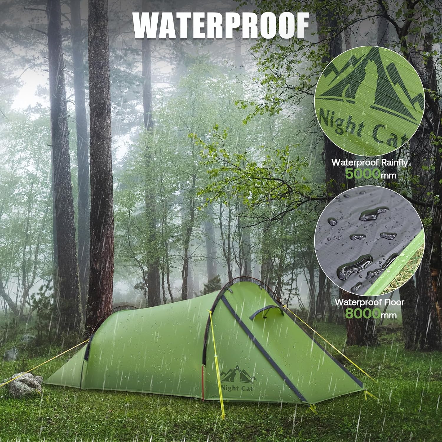 HikeWare Night Cat 1-person ultralight tunnel tent, waterproof with rainfly, lightweight camping shelter for outdoor adventures.