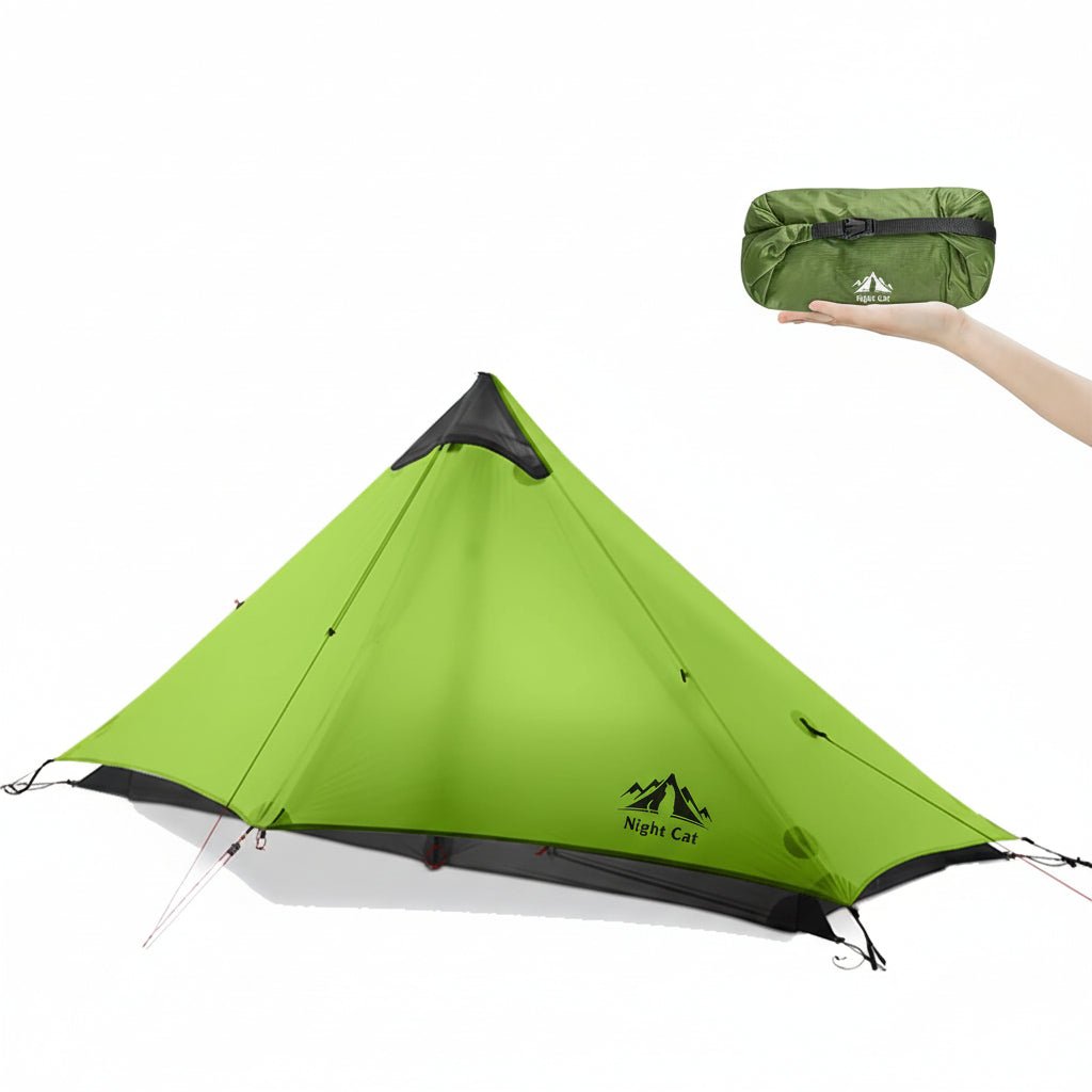 HikeWare Night Cat lightweight 1-person backpacking tent set up outdoors, showing durable fabric and compact design for camping.