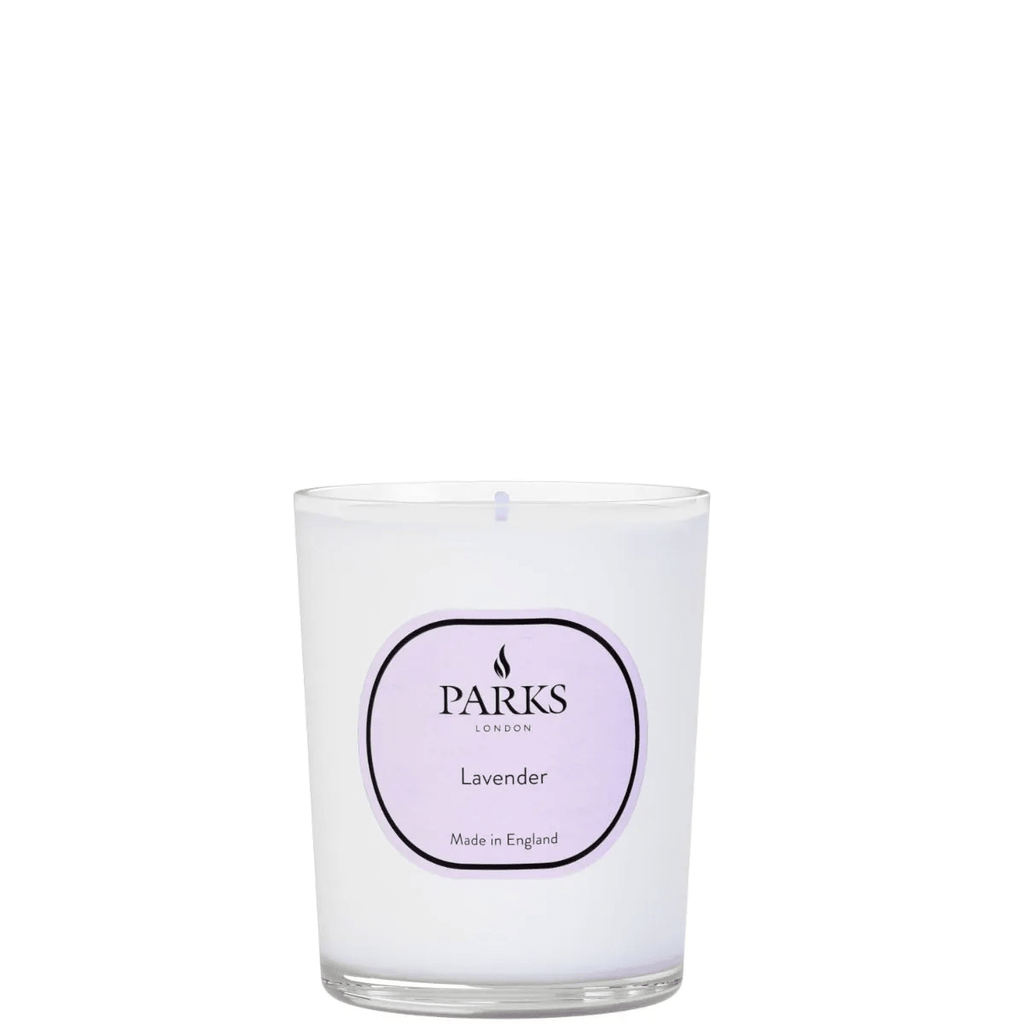 Lavender candle by Parks Candles, 180g, showing a white wax candle with a lavender scent label and a lit wick.