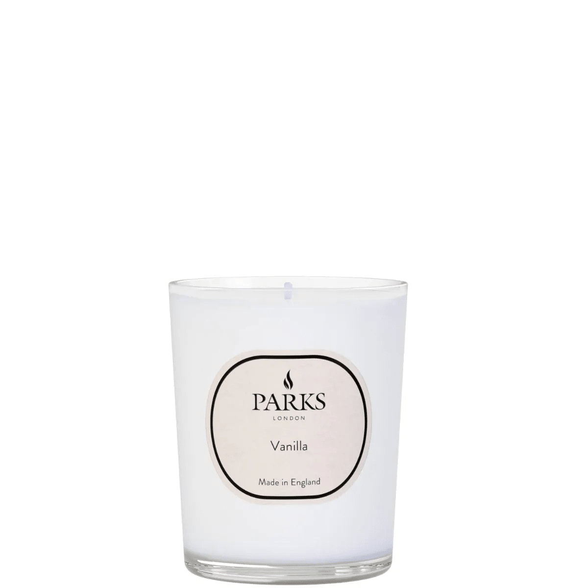 Vanilla candle from Parks Candles, 180g, with a white glass jar and a lit wick, showcasing a cozy, soothing ambiance.
