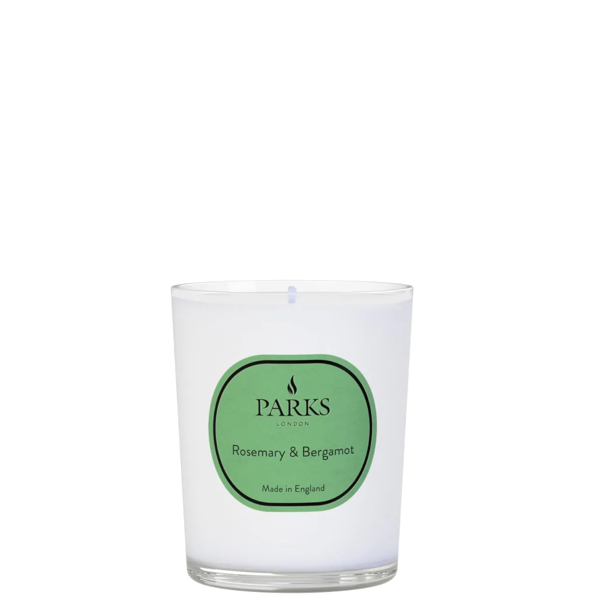 Parks Candles Rosemary & Bergamot 180g scented candle in a glass jar with a warm, inviting glow and natural botanical design.