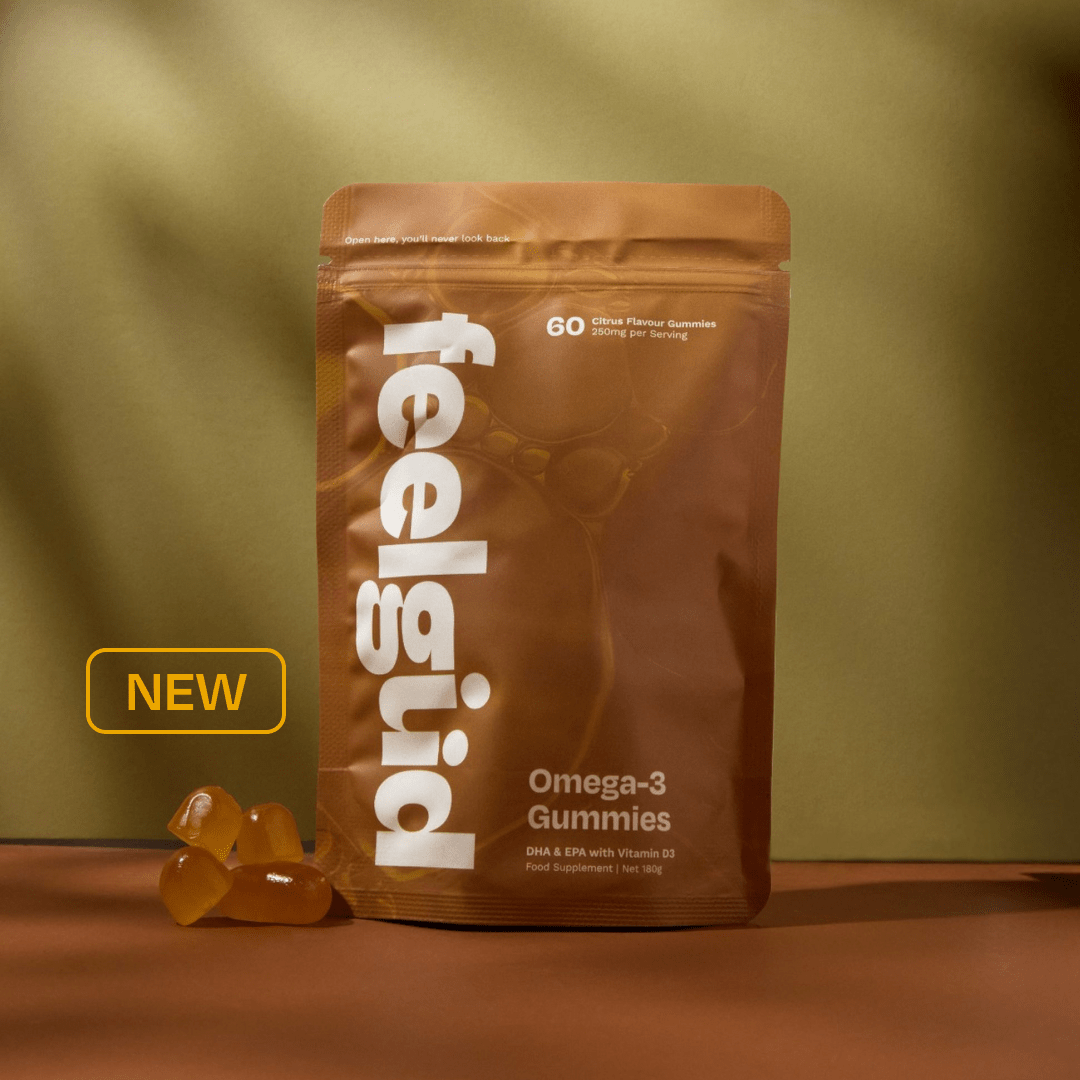 Feel Güd Omega-3 Gummies in a clear bottle showing colorful, fruit-flavored soft gummies for healthy omega-3 intake.