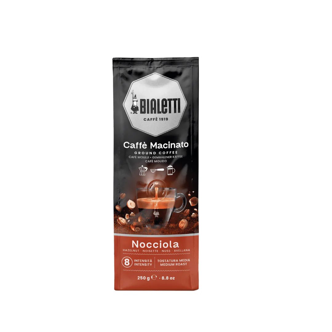 Bialetti Brew Italia Omni Ground Coffee with Hazelnut flavor in a resealable bag, ready for brewing and enjoying rich coffee.