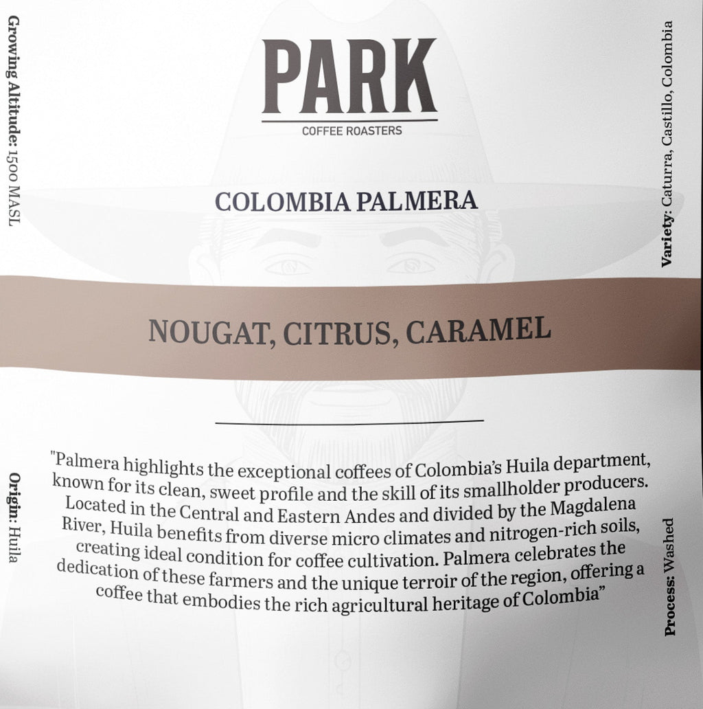 Roasted Park Coffee Palmera coffee beans in a bag with a colorful sticker label, showcasing rich, freshly roasted coffee.