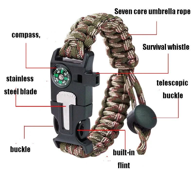 HikeWare parachute cord survival bracelet with adjustable strap and durable paracord for outdoor adventures and emergencies.