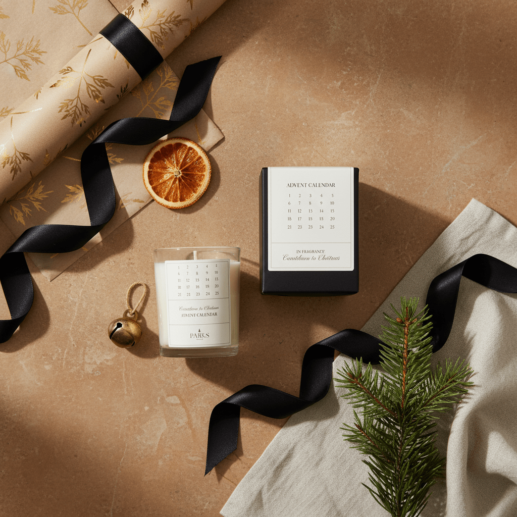 Parks Candles Advent calendar candle 220g with festive design, showcasing a decorative holiday candle in a seasonal setting.