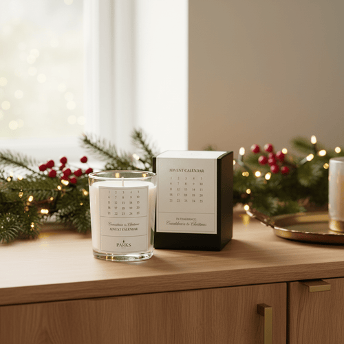Parks Candles Advent Calendar Candle 220g with festive design, showing a decorative candle for holiday countdown.