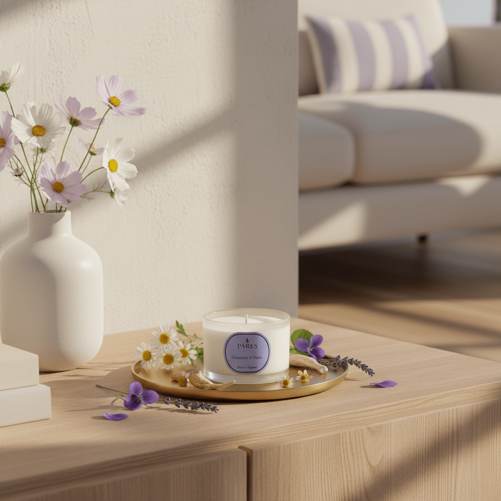 Parks Candles chamomile and violet travel candle in a 70g glass container with a lit wick and floral scent.