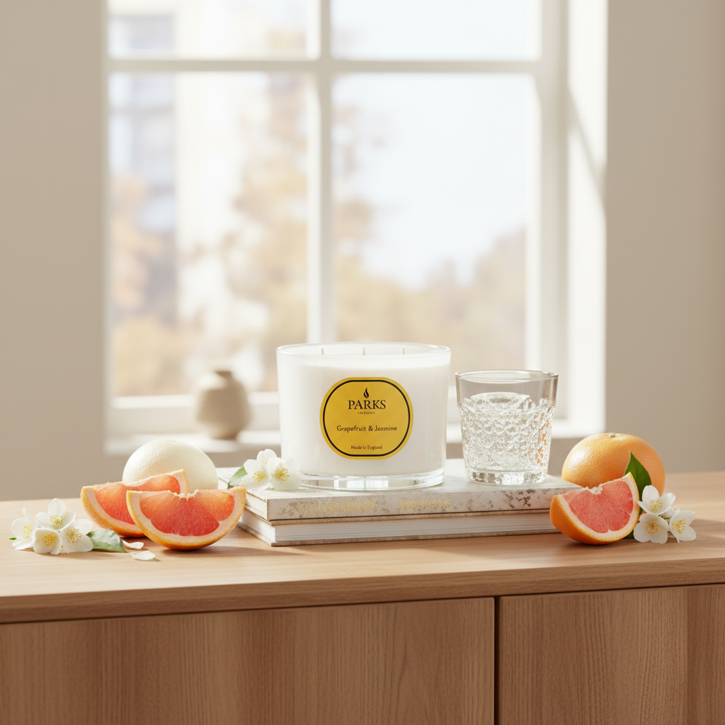 Parks Candles grapefruit and jasmine scented candle in a 350g jar, with a clear glass container and floral aroma.