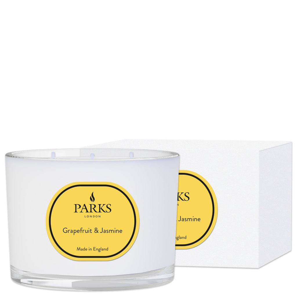 Parks Candles grapefruit and jasmine scented candle in a 350g glass jar, with fresh citrus and floral design.