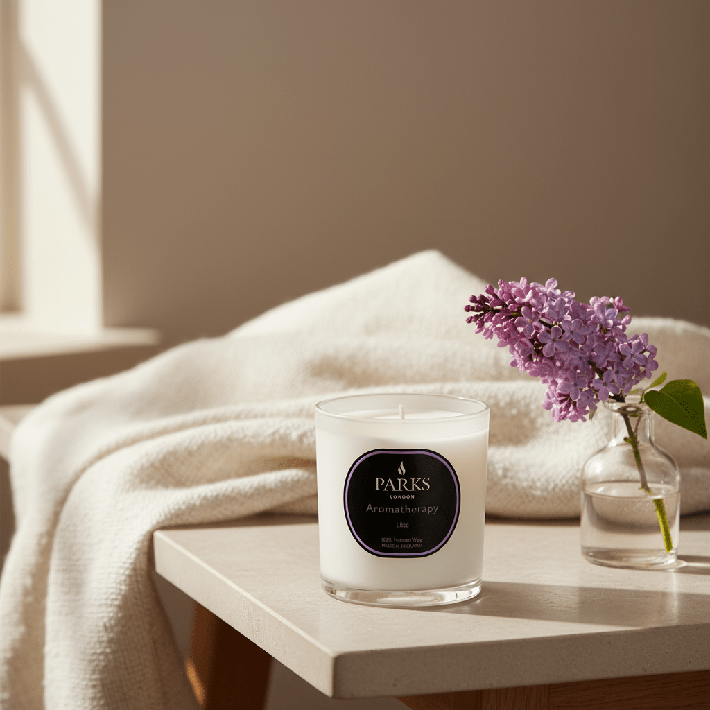 Lilac scented candle by Parks Candles, 220g, with a white wax surface and a lit wick, ideal for home fragrance.