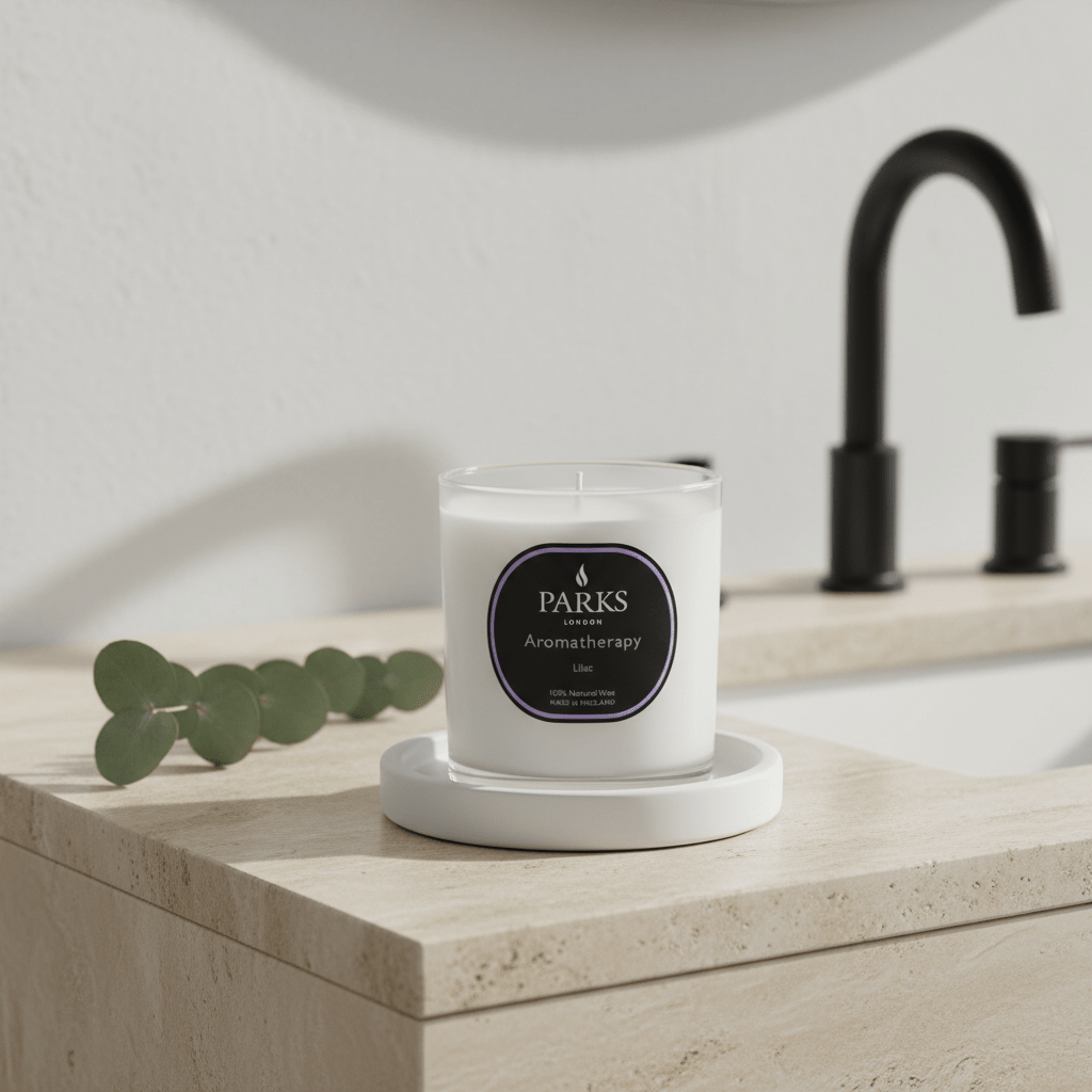Lilac scented candle in a 220g glass jar by Parks Candles, featuring a soft purple color and a calming floral fragrance.