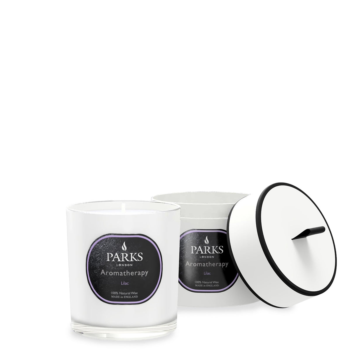Lilac scented candle by Parks Candles in a 220g size, featuring a soft purple wax finish and a clean, modern design.