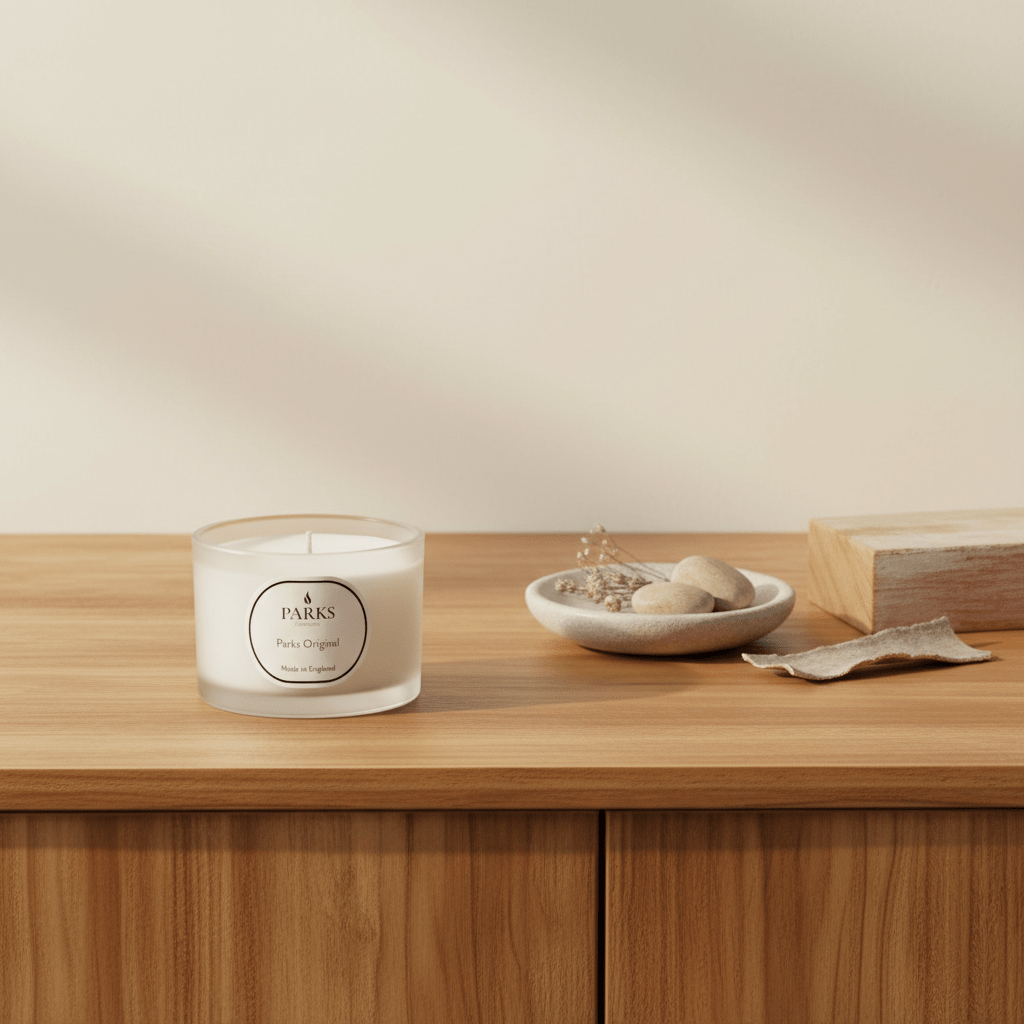 Parks Candles Parks Original Candle 70g with natural wax, featuring a simple jar design and wooden lid, designed for home ambiance.