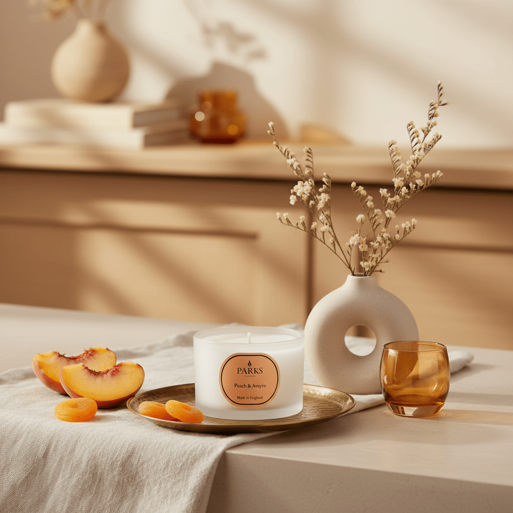 Parks Candles Peach & Amaryllis travel candle in a 70g container with a peach and floral design on the label.