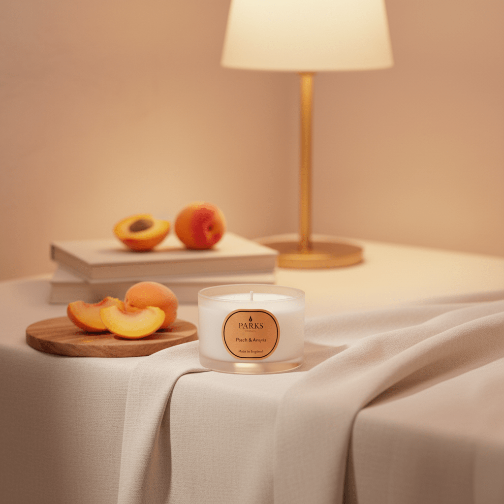 Parks Candles Peach & Amaryllis Travel Candle 70g with a decorative jar and floral design, perfect for on-the-go aromatherapy.