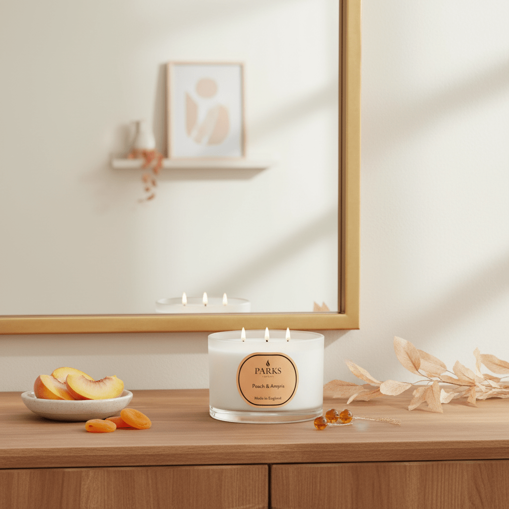 Parks Candles Peach & Amryis Travel Candle 70g with a warm, inviting scent in a compact glass container.