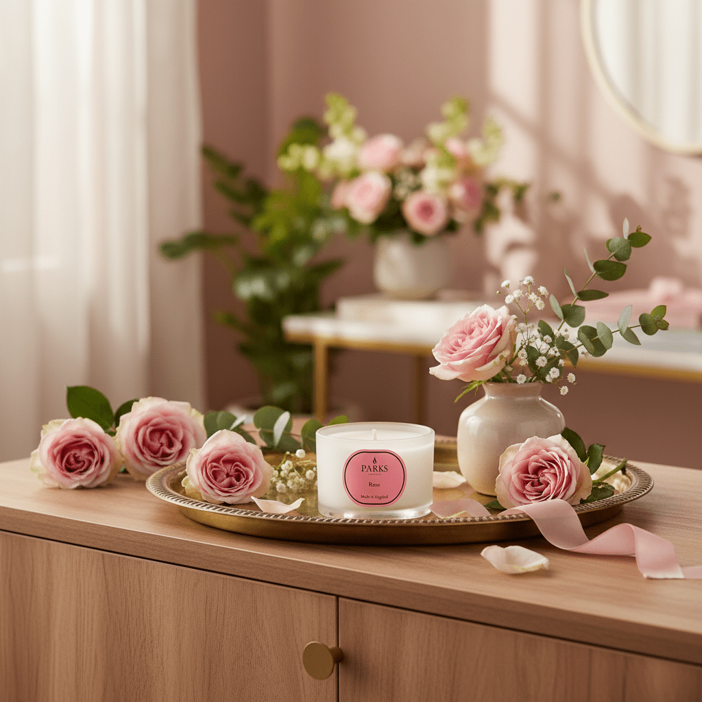 Parks Candles Rose Travel Candle 70g with a glass jar and pink rose design, perfect for portable floral-scented ambiance.