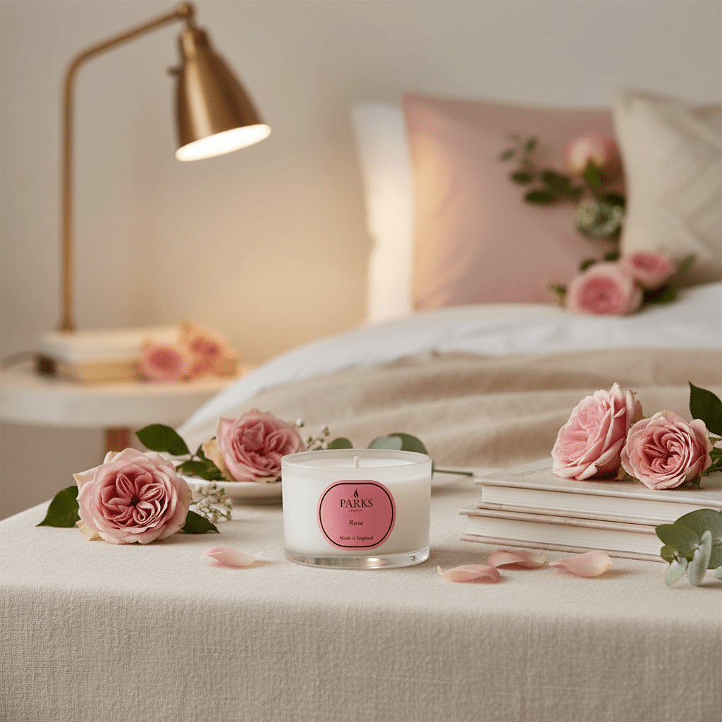 Rose Travel Candle by Parks Candles, 70g, in a glass jar with a rose fragrance and elegant design.