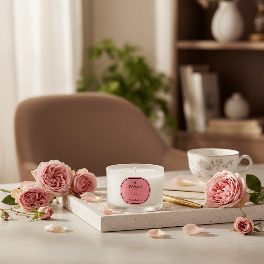 Rose Travel Candle by Parks Candles, 70g, with a decorative rose scent and a sleek glass container for travel and home use.
