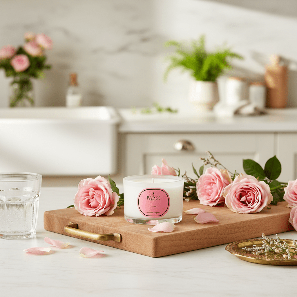 Rose Travel Candle by Parks Candles, 70g, showcasing a small decorative pink candle in a glass jar with a rose scent.
