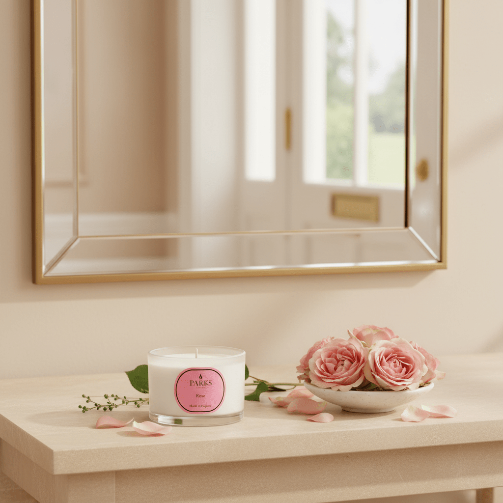 Rose Travel Candle by Parks Candles in a 70g tin, featuring a floral rose scent and a compact design for travel or home use.