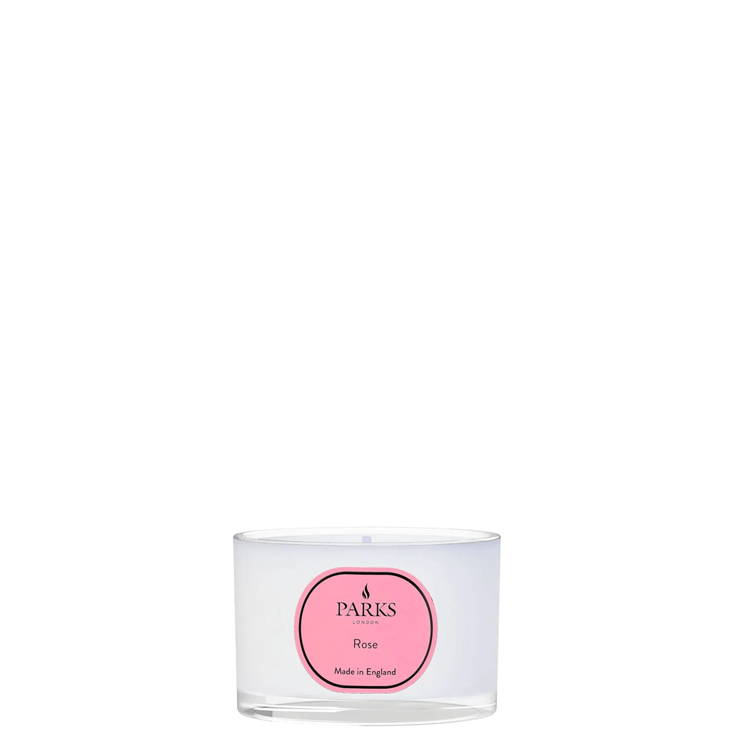 Parks Candles Rose Travel Candle 70g with a pink rose design, perfect for portable floral-scented candle enjoyment.