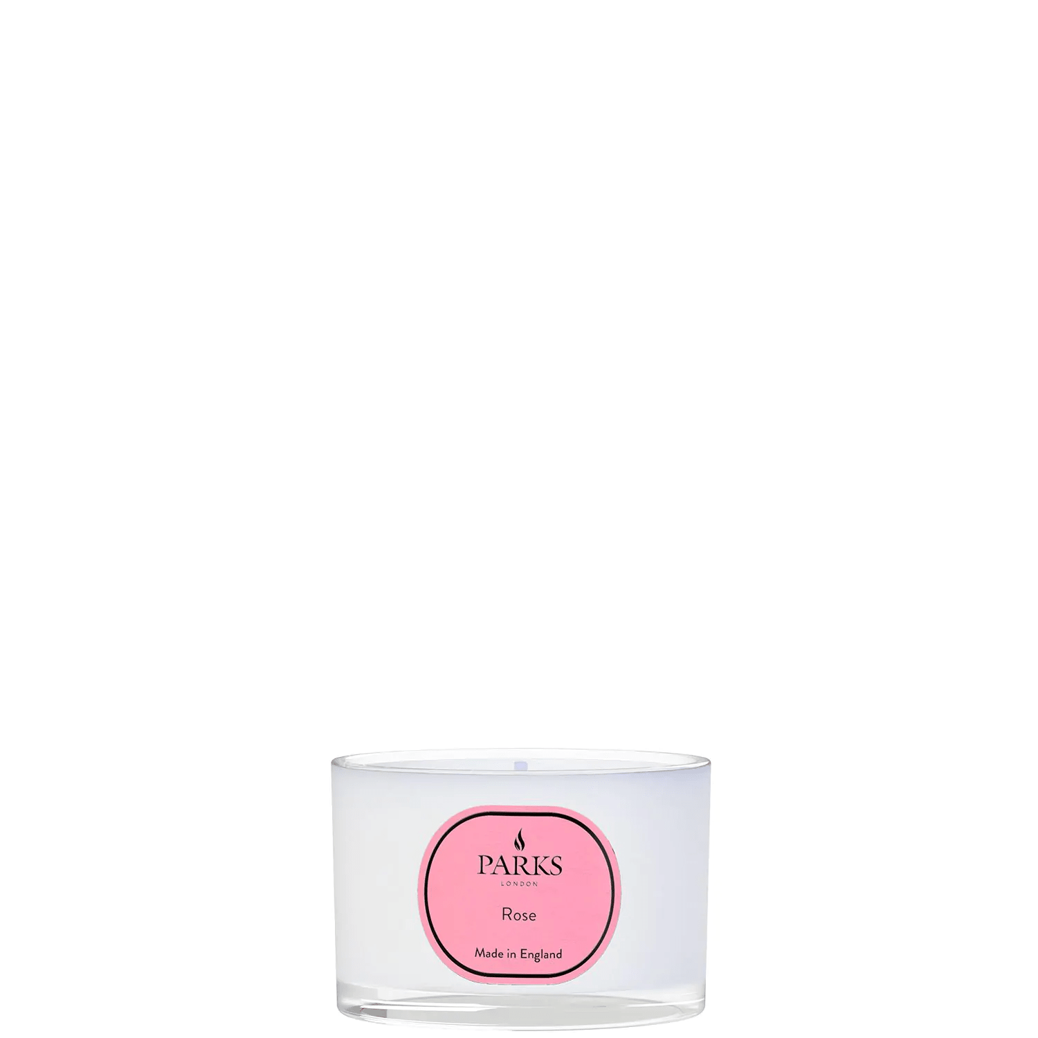Parks Candles Rose Travel Candle 70g with a pink rose design and scented wax in a small glass jar.