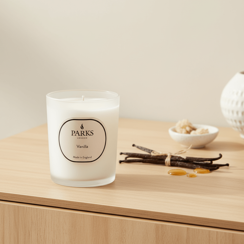 Parks Candles vanilla scented candle in a 180g glass jar, with a lit wick and warm vanilla aroma.