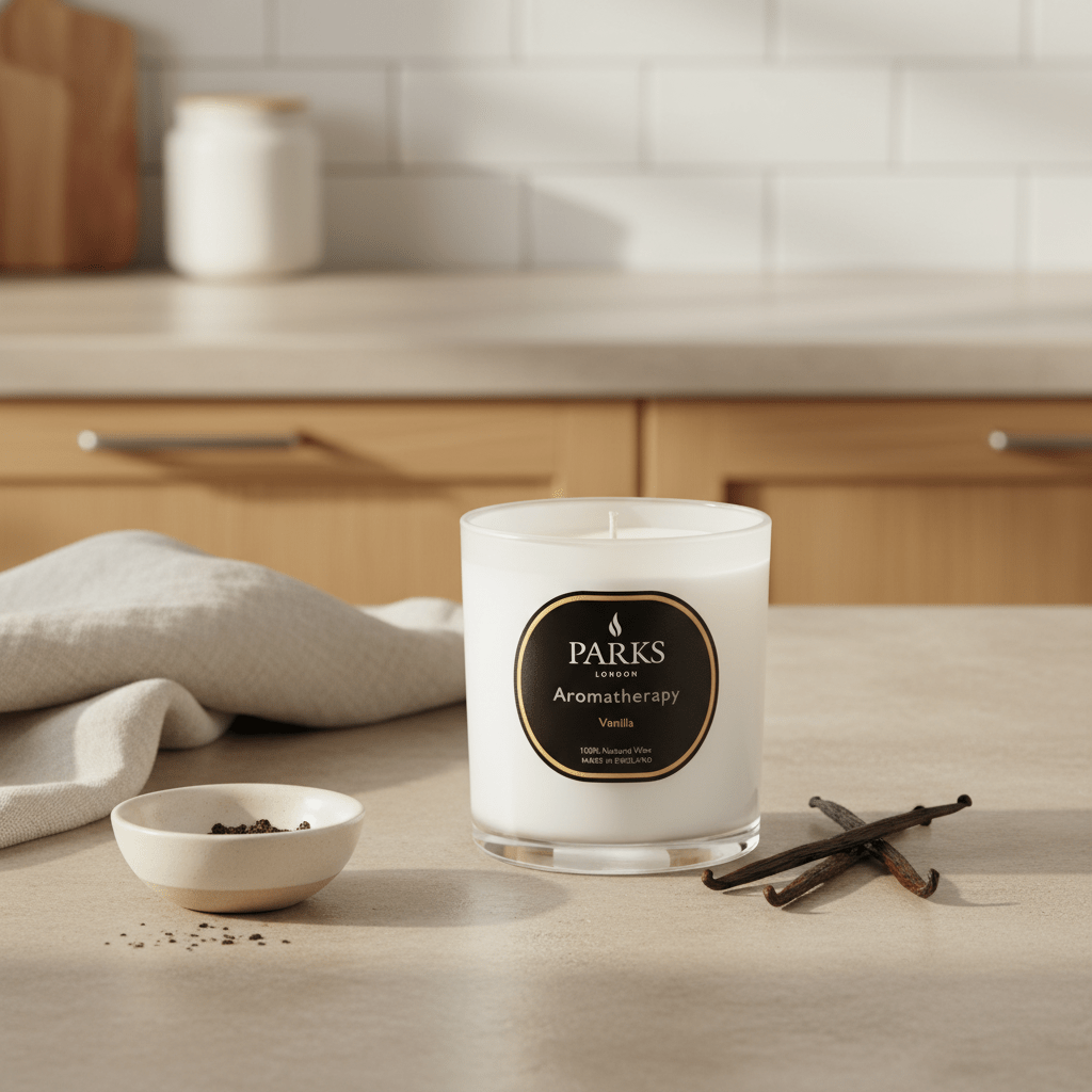 Vanilla scented candle in a 220g jar from Parks Candles, featuring a warm, inviting design with a lit wick and soft glow.