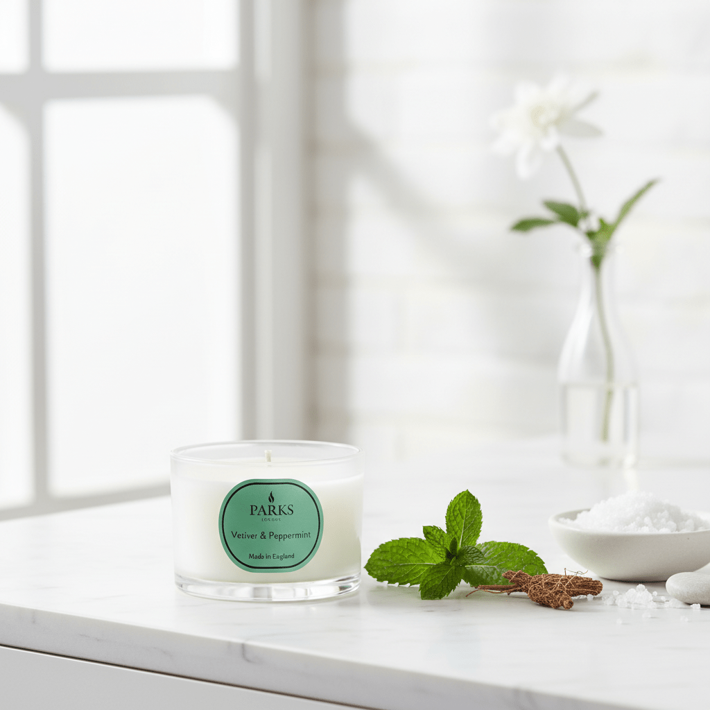 Parks Candles Vetiver and Peppermint travel candle in a 70g container with a natural scent and minimalist design.
