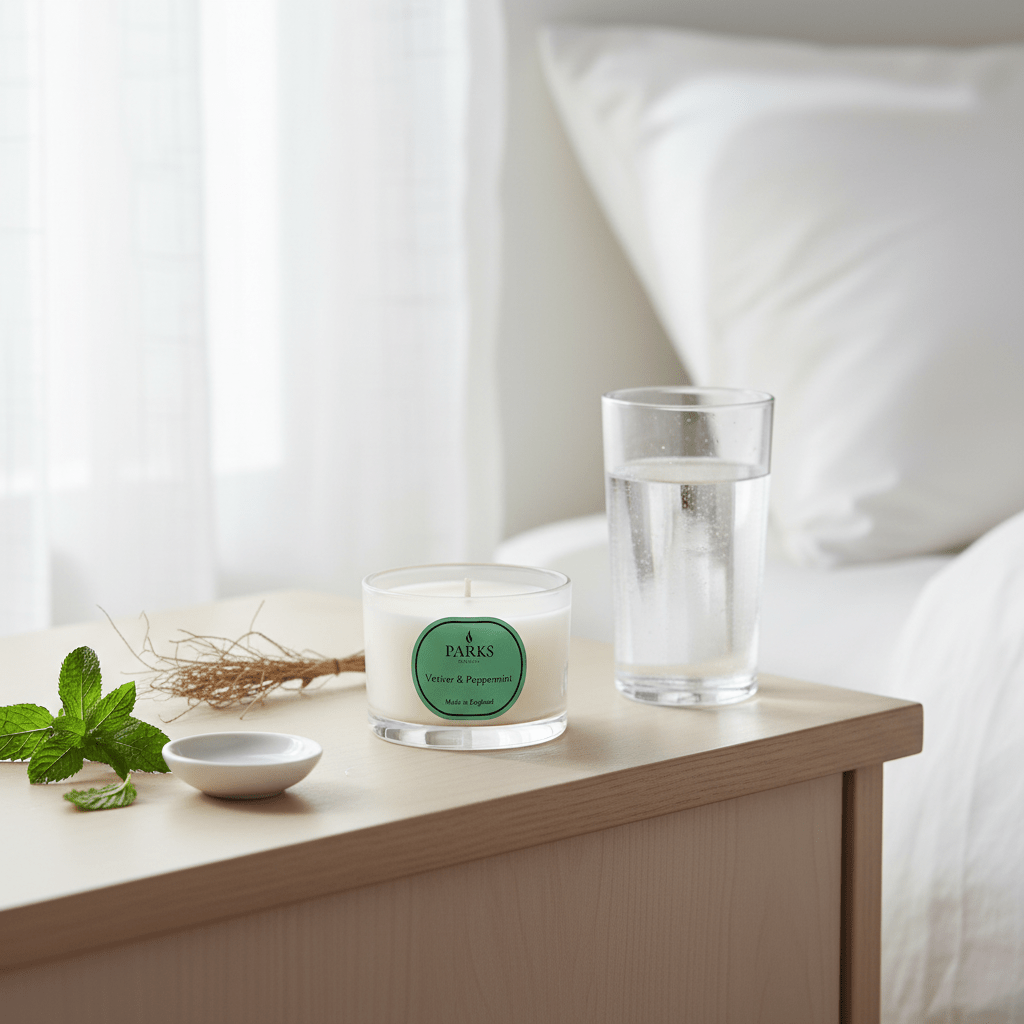 Vetsiver and peppermint travel candle by Parks Candles, 70g, with a glass container, fresh herbal scent, and wick ready to light.